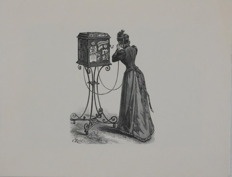 V. ROSE : Le Théâtrophone, Gravure signée