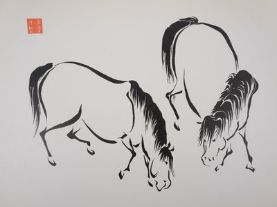 Mokuchu URUSHIBARA : Estampe japonaise, Chevaux paissant, Lithographie signée