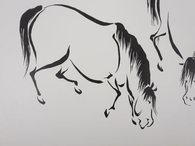 Mokuchu URUSHIBARA : Estampe japonaise, Chevaux paissant, Lithographie signée