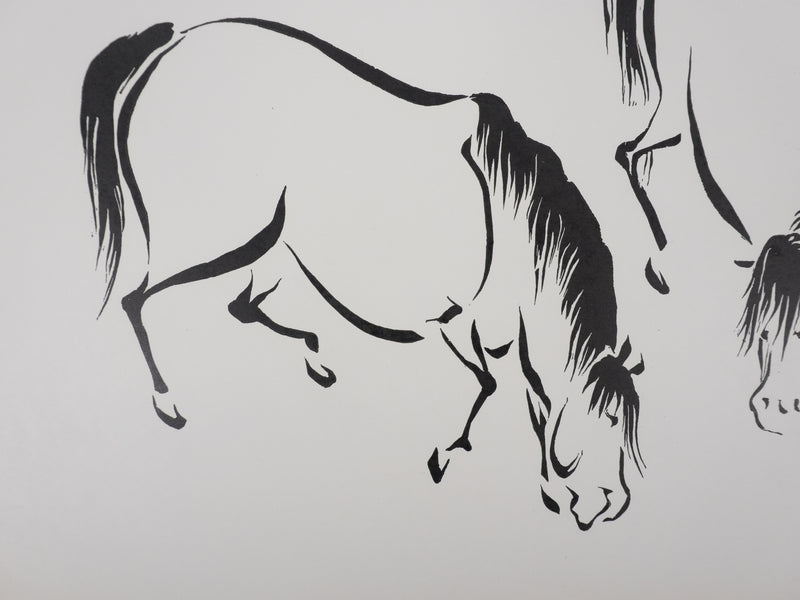 Mokuchu URUSHIBARA : Estampe japonaise, Chevaux paissant, Lithographie signée
