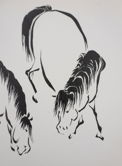 Mokuchu URUSHIBARA : Estampe japonaise, Chevaux paissant, Lithographie signée
