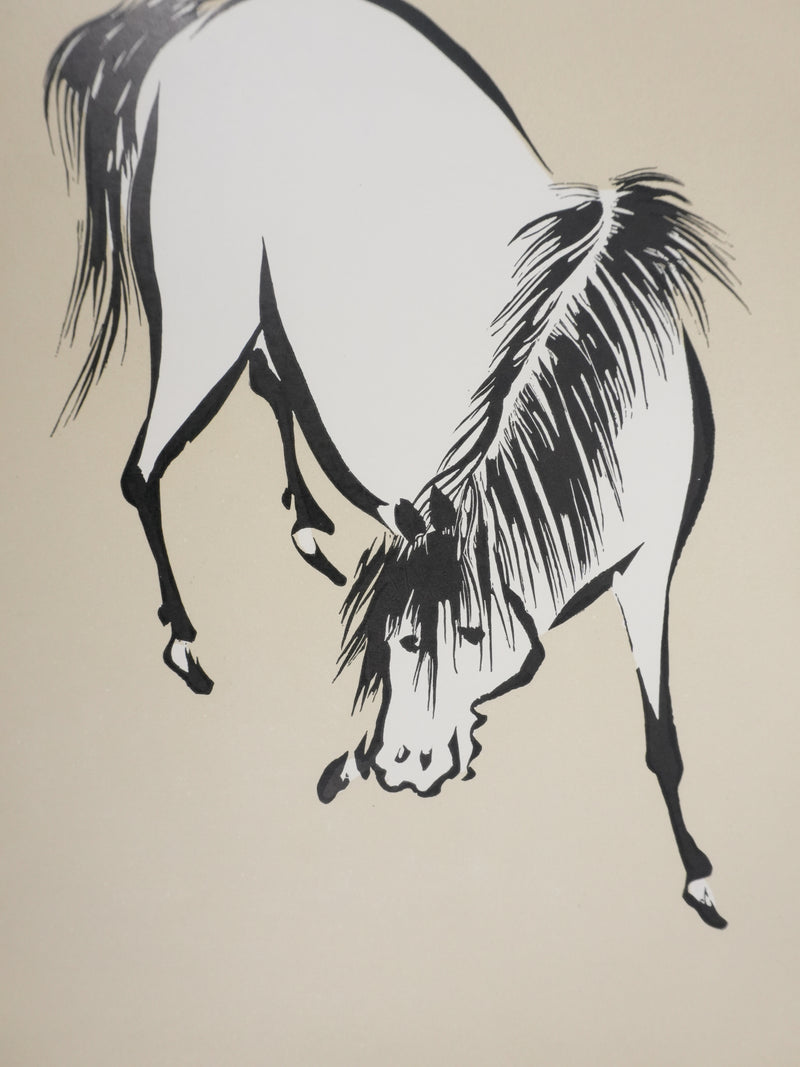 Mokuchu URUSHIBARA : Estampe japonaise, Cheval paissant (crème), Lithographie signée