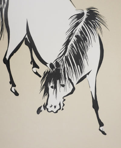 Mokuchu URUSHIBARA : Estampe japonaise, Cheval paissant (crème), Lithographie signée