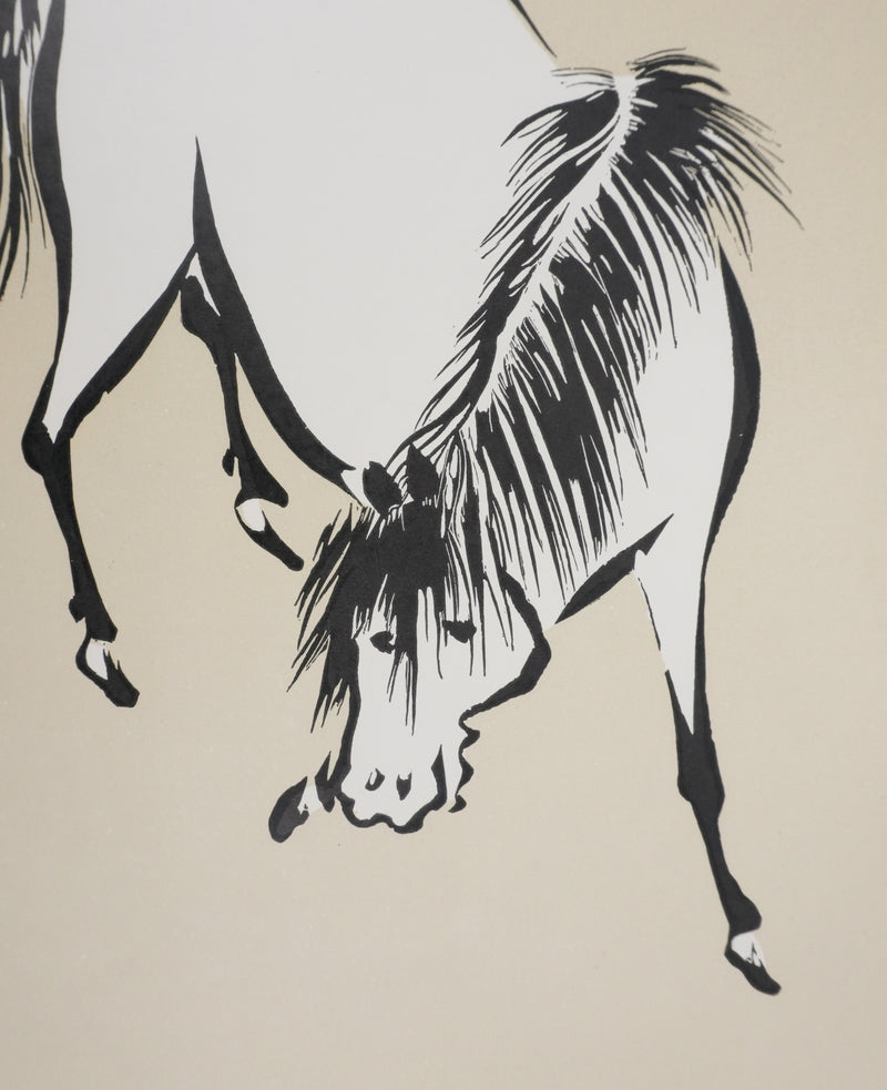 Mokuchu URUSHIBARA : Estampe japonaise, Cheval paissant (crème), Lithographie signée