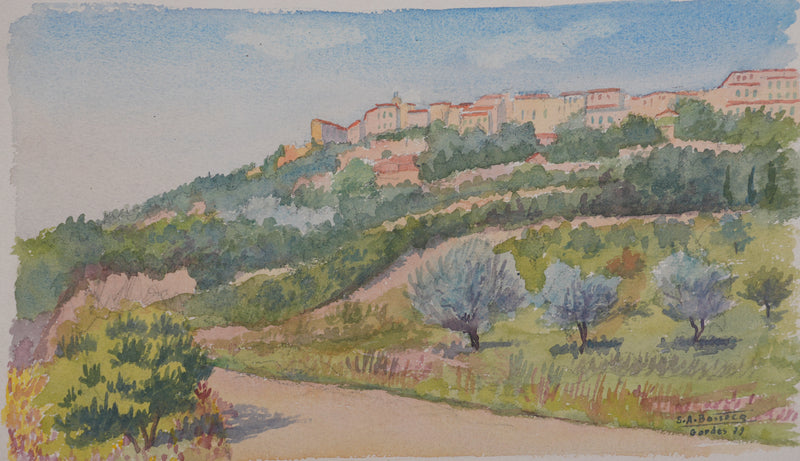 Salomon Alfred BOISECQ : Vue sur Gordes, Aquarelle originale signée