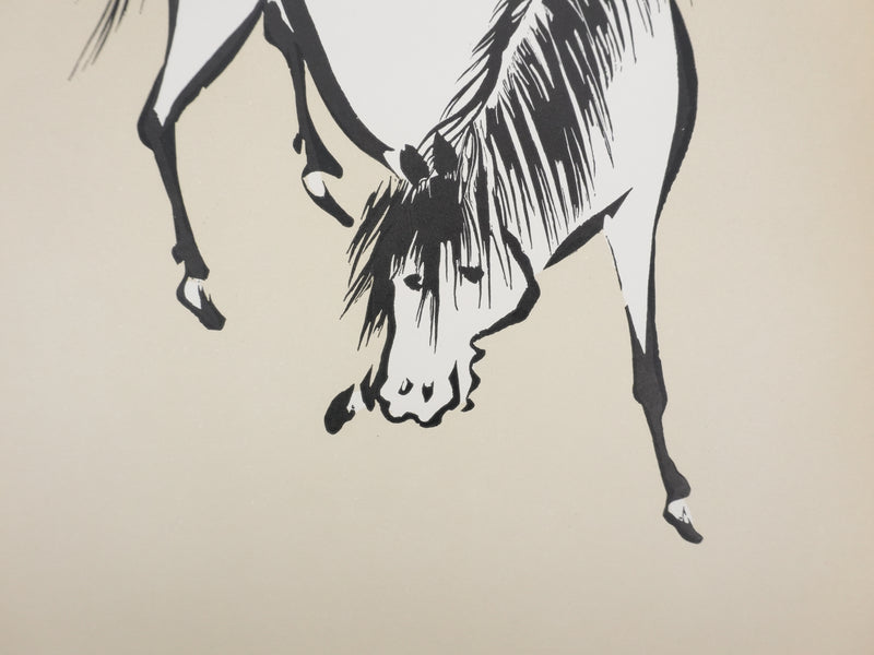 Mokuchu URUSHIBARA : Estampe japonaise, Cheval paissant (crème), Lithographie signée