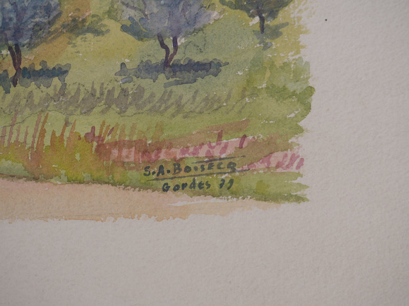 Salomon Alfred BOISECQ : Vue sur Gordes, Aquarelle originale signée