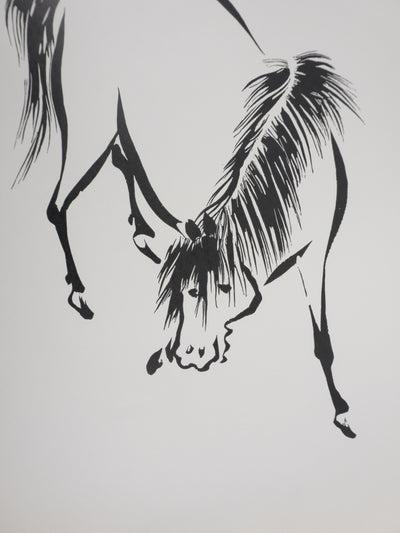 Mokuchu URUSHIBARA : Estampe japonaise, Cheval paissant, Lithographie signée