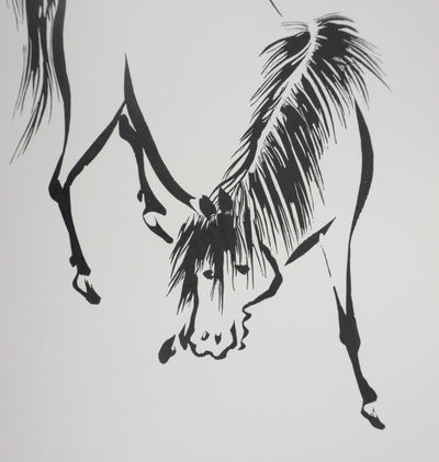 Mokuchu URUSHIBARA : Estampe japonaise, Cheval paissant, Lithographie signée