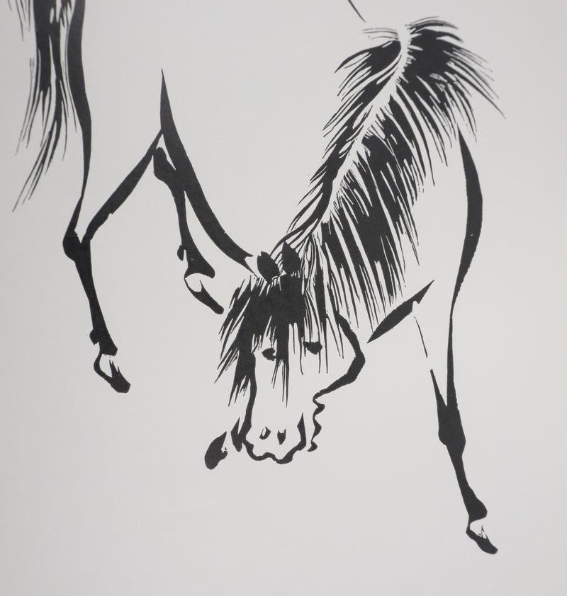 Mokuchu URUSHIBARA : Estampe japonaise, Cheval paissant, Lithographie signée