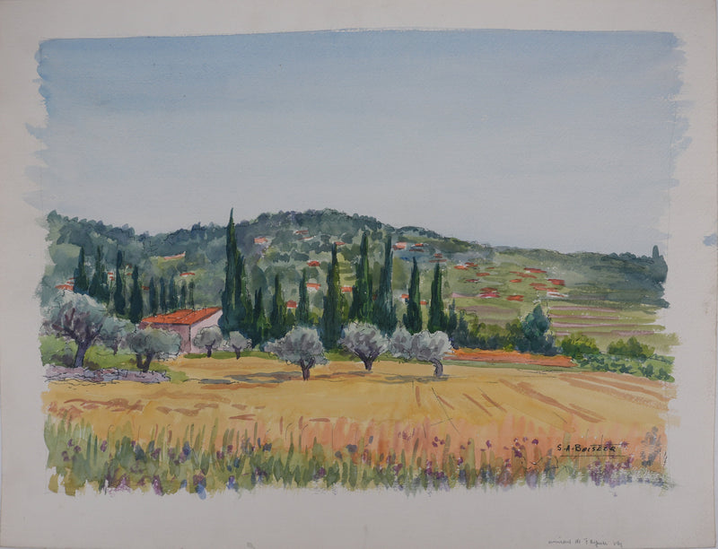 Salomon Alfred BOISECQ : Oliviers et cyprès en Provence, Aquarelle originale signée