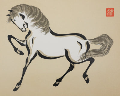 Mokuchu URUSHIBARA : Estampe japonaise, Cheval élégant (crème), Lithographie signée