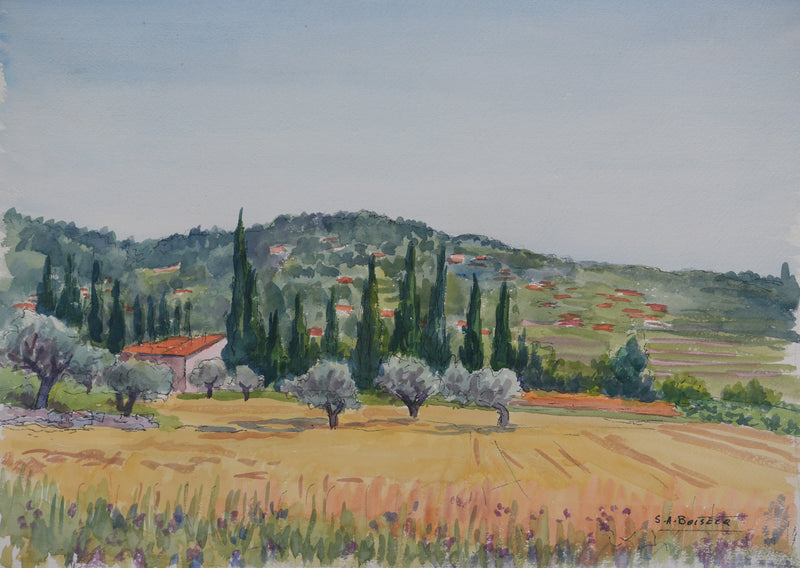 Salomon Alfred BOISECQ : Oliviers et cyprès en Provence, Aquarelle originale signée