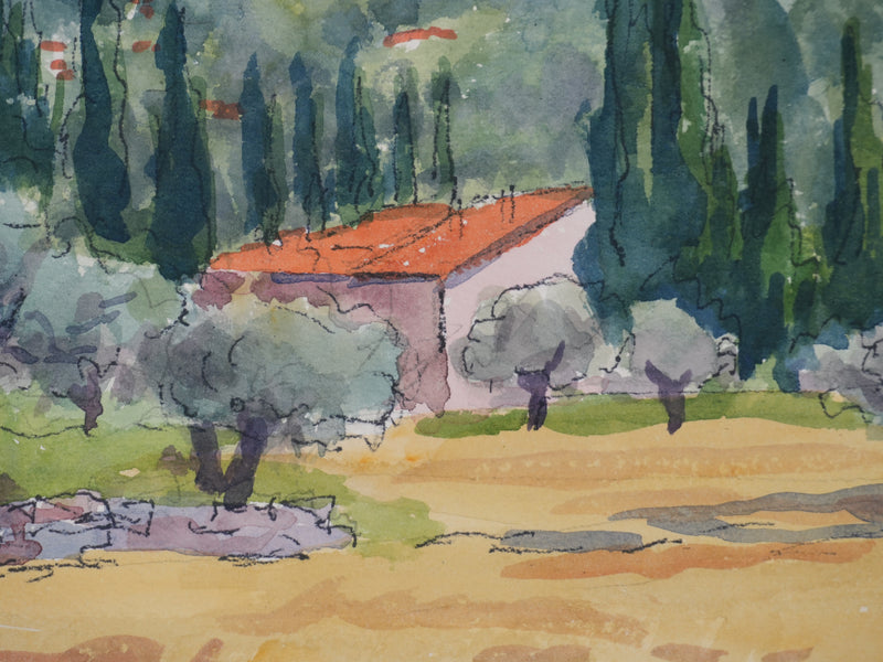 Salomon Alfred BOISECQ : Oliviers et cyprès en Provence, Aquarelle originale signée