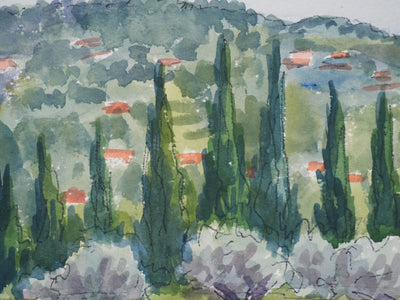 Salomon Alfred BOISECQ : Oliviers et cyprès en Provence, Aquarelle originale signée