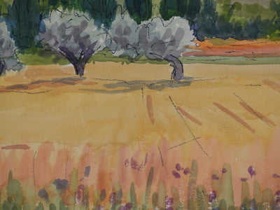 Salomon Alfred BOISECQ : Oliviers et cyprès en Provence, Aquarelle originale signée