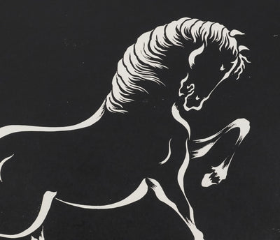 Mokuchu URUSHIBARA : Estampe japonaise, Cheval caracolant (noir), Lithographie signée