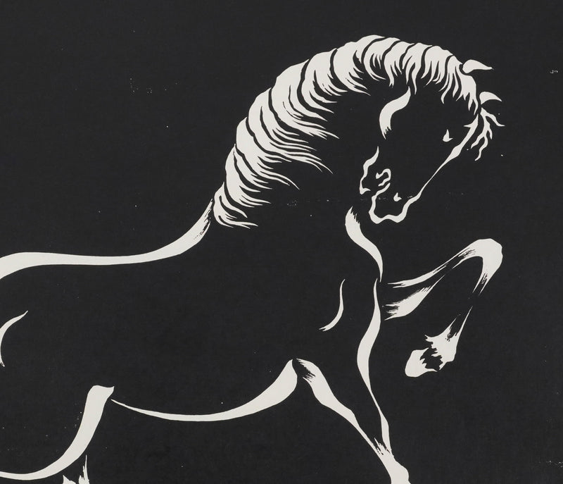 Mokuchu URUSHIBARA : Estampe japonaise, Cheval caracolant (noir), Lithographie signée