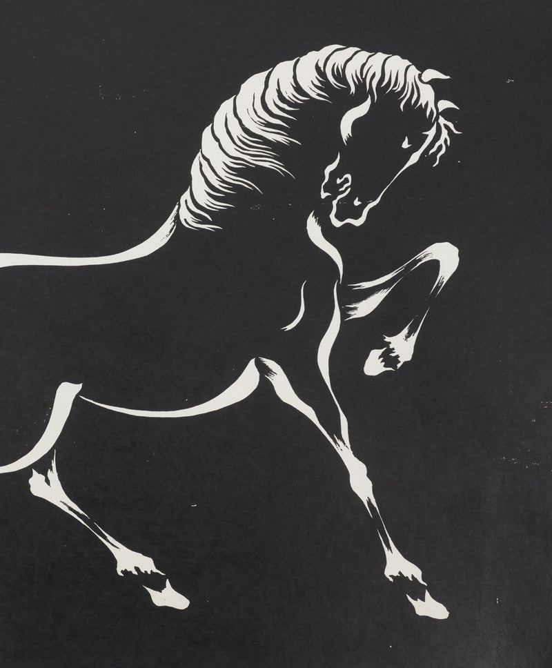 Mokuchu URUSHIBARA : Estampe japonaise, Cheval caracolant (noir), Lithographie signée