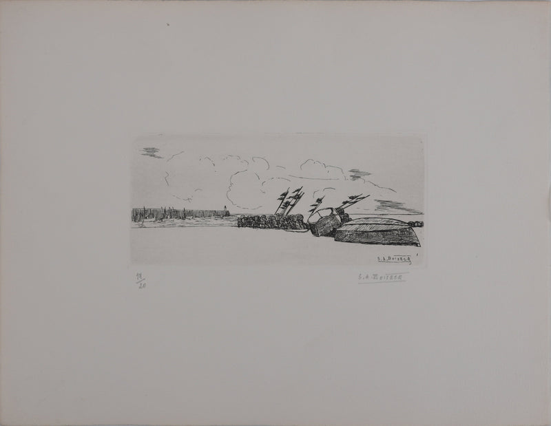 Salomon Alfred BOISECQ : Le petit port breton, Gravure originale signée