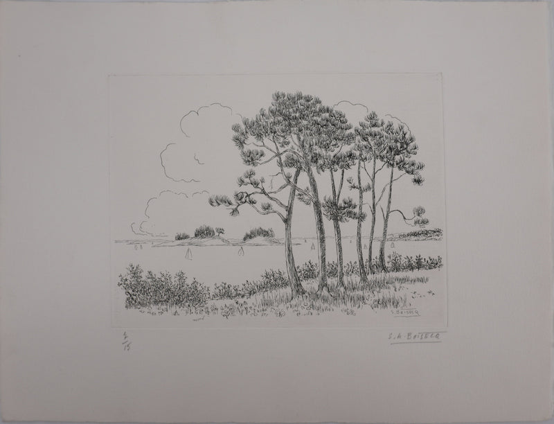 Salomon Alfred BOISECQ : Paysage au bord de mer, Gravure originale signée