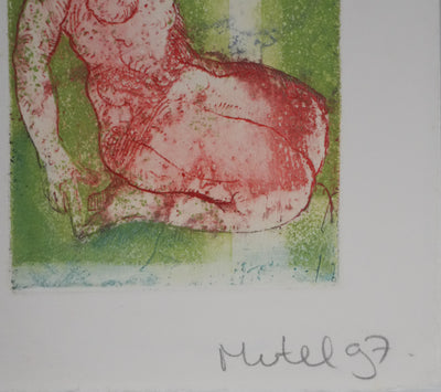 Didier MUTEL : Nu féminin accroupi, Gravure originale signée