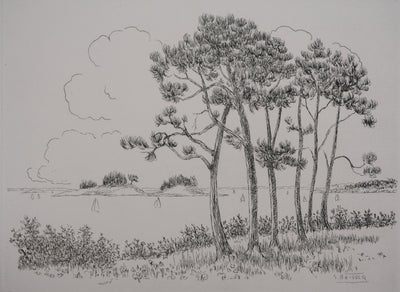 Salomon Alfred BOISECQ : Paysage au bord de mer, Gravure originale signée
