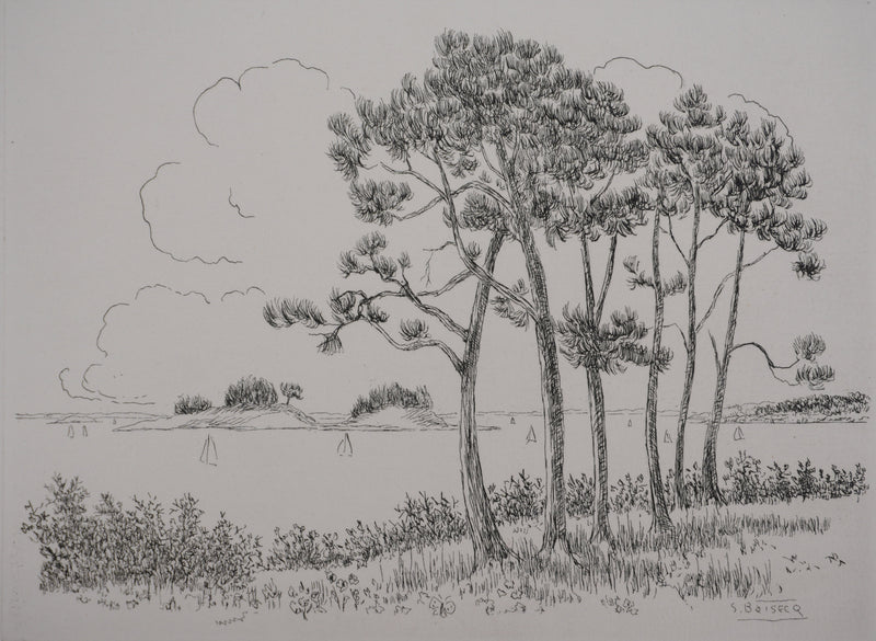 Salomon Alfred BOISECQ : Paysage au bord de mer, Gravure originale signée
