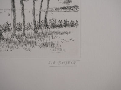 Salomon Alfred BOISECQ : Paysage au bord de mer, Gravure originale signée