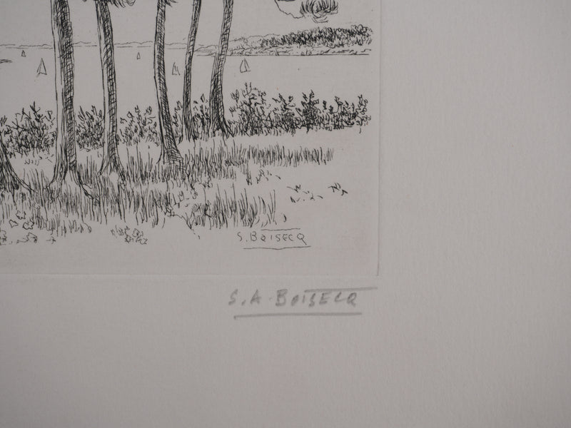 Salomon Alfred BOISECQ : Paysage au bord de mer, Gravure originale signée