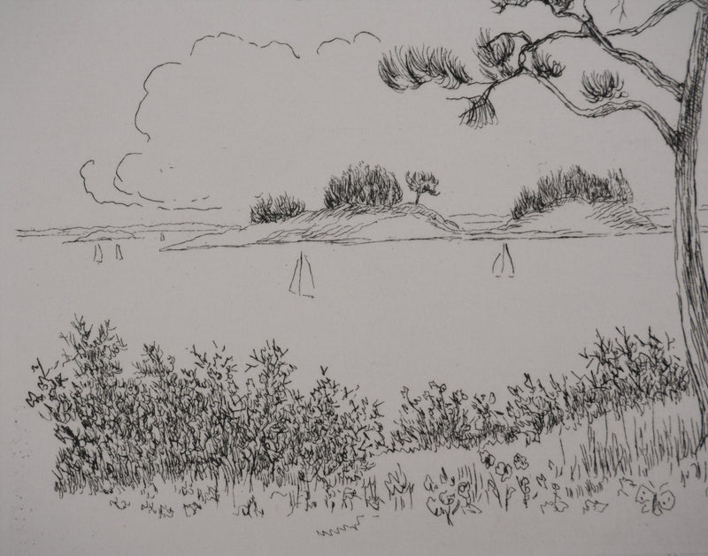 Salomon Alfred BOISECQ : Paysage au bord de mer, Gravure originale signée