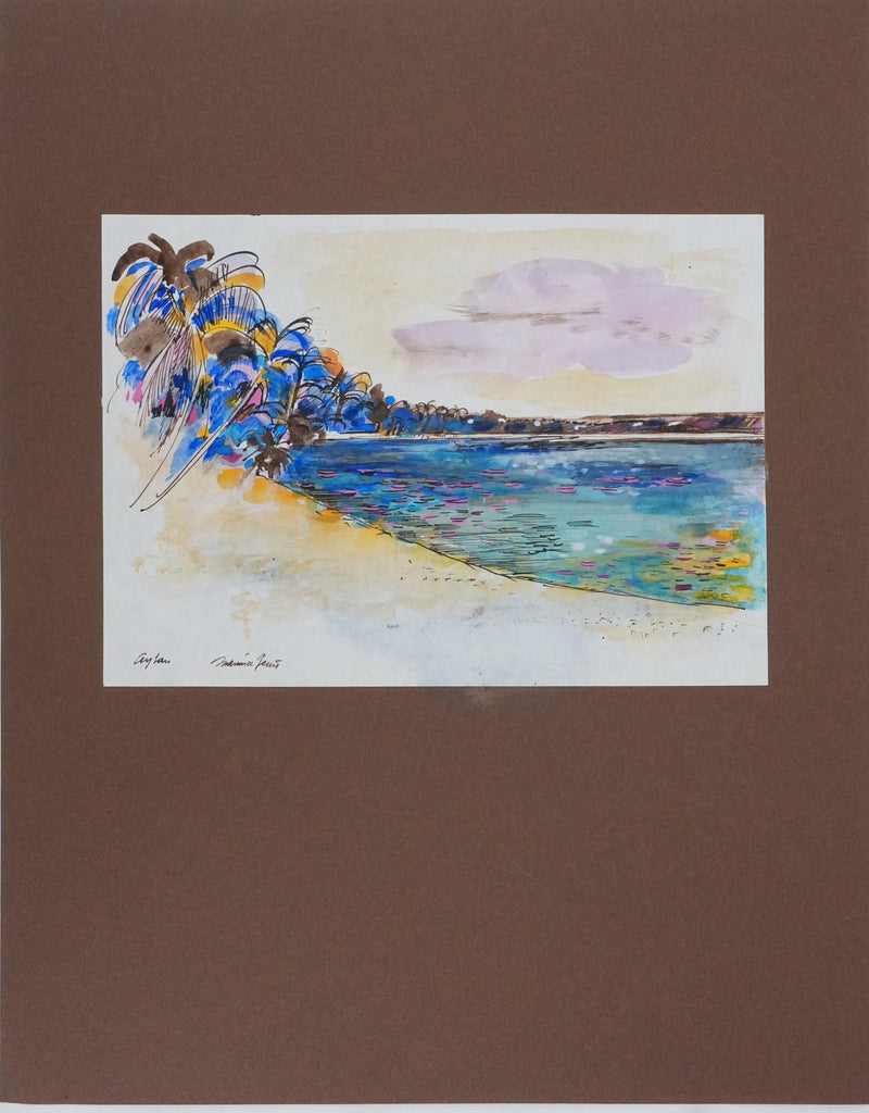 Maurice GENIS : Ceylan, Sur la plage au palmier, Dessin original signé