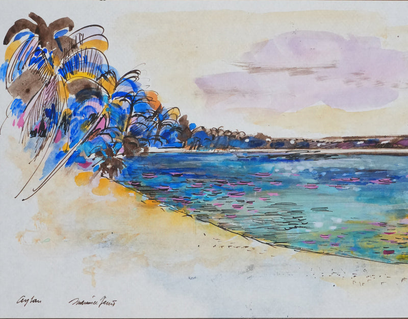 Maurice GENIS : Ceylan, Sur la plage au palmier, Dessin original signé