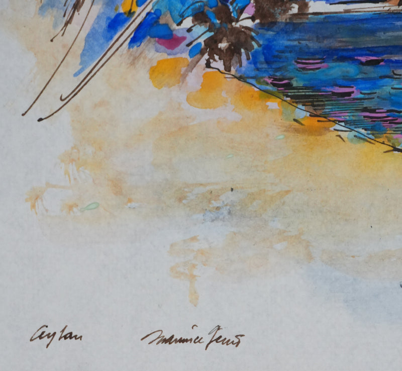 Maurice GENIS : Ceylan, Sur la plage au palmier, Dessin original signé