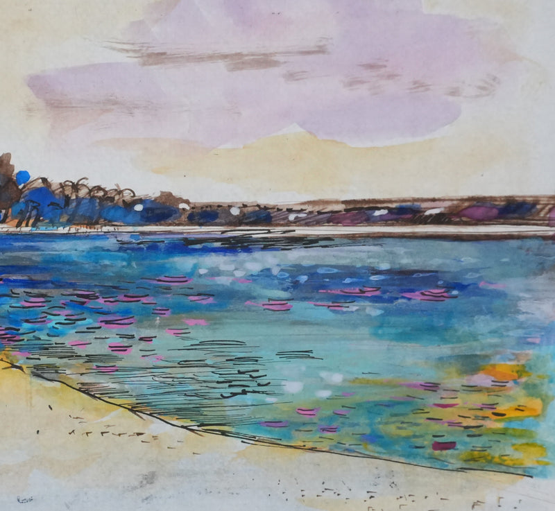 Maurice GENIS : Ceylan, Sur la plage au palmier, Dessin original signé