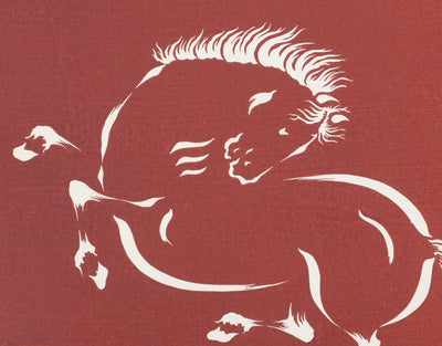 Mokuchu URUSHIBARA : Estampe japonaise, Cheval fougueux (rouge), Lithographie signée