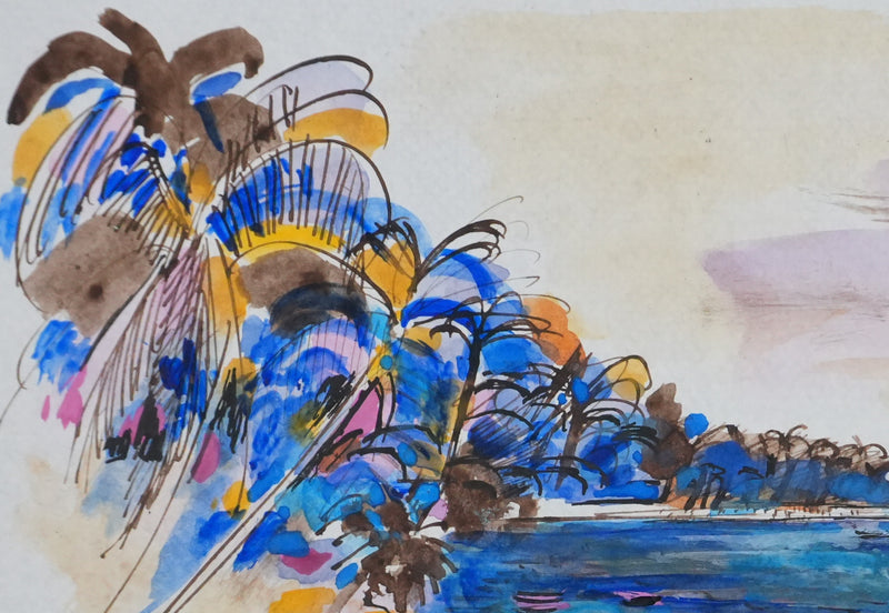 Maurice GENIS : Ceylan, Sur la plage au palmier, Dessin original signé