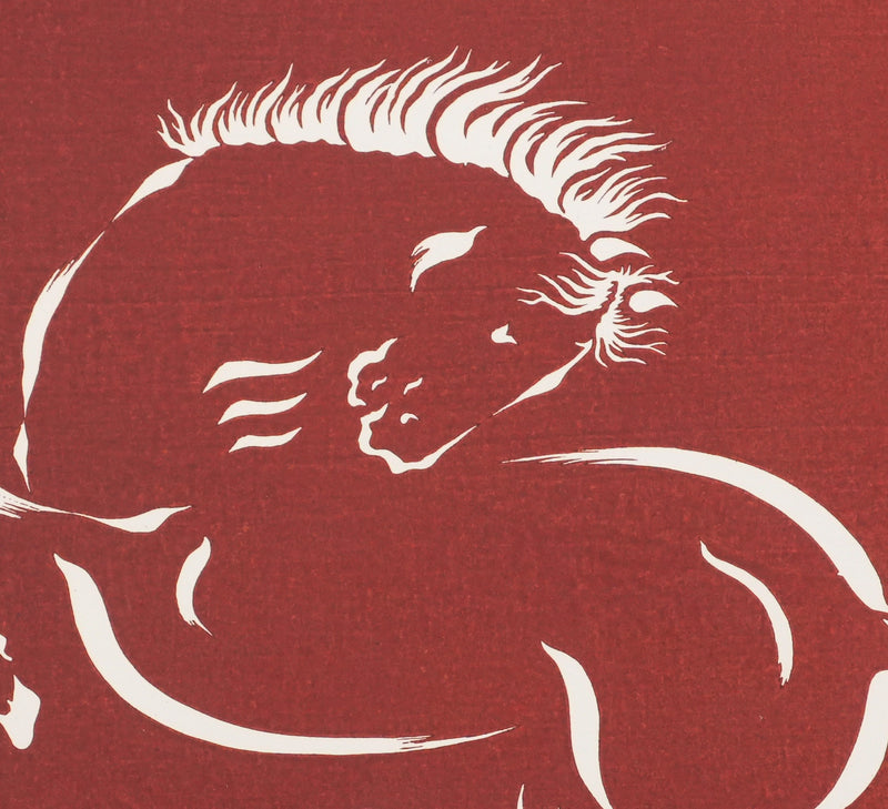 Mokuchu URUSHIBARA : Estampe japonaise, Cheval fougueux (rouge), Lithographie signée