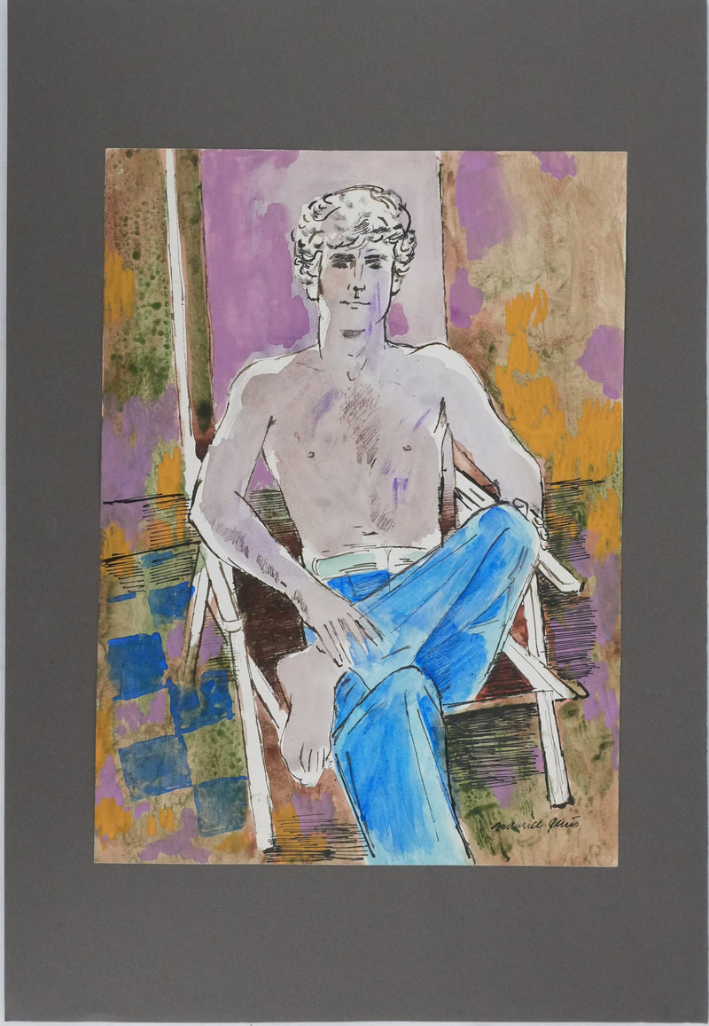 Maurice GENIS : Jeune homme sur la chaise longue, Dessin original signé