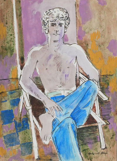 Maurice GENIS : Jeune homme sur la chaise longue, Dessin original signé