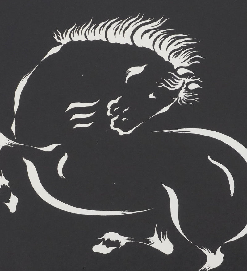Mokuchu URUSHIBARA : Estampe japonaise, Cheval fougueux (noir), Lithographie signée