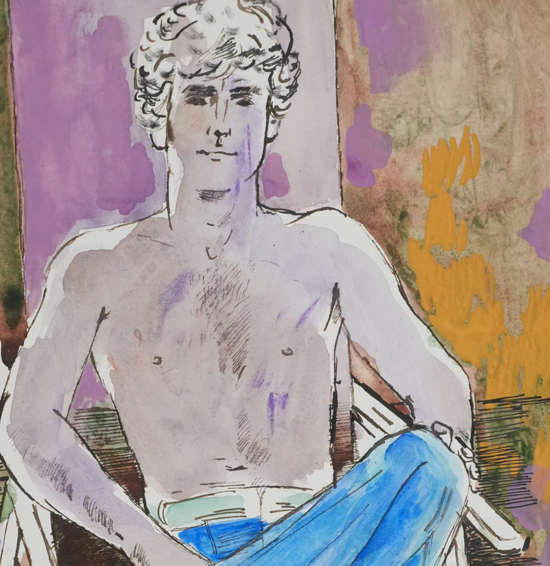 Maurice GENIS : Jeune homme sur la chaise longue, Dessin original signé