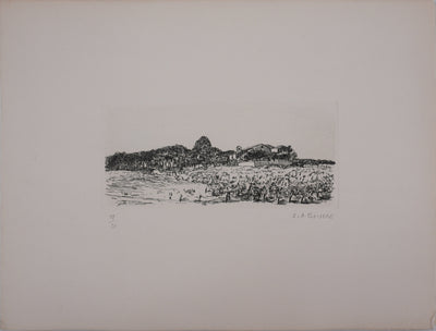 Salomon Alfred BOISECQ : Maisons sur la plage, Gravure originale signée