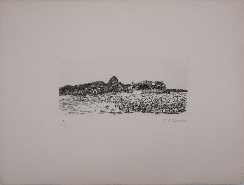 Salomon Alfred BOISECQ : Maisons sur la plage, Gravure originale signée
