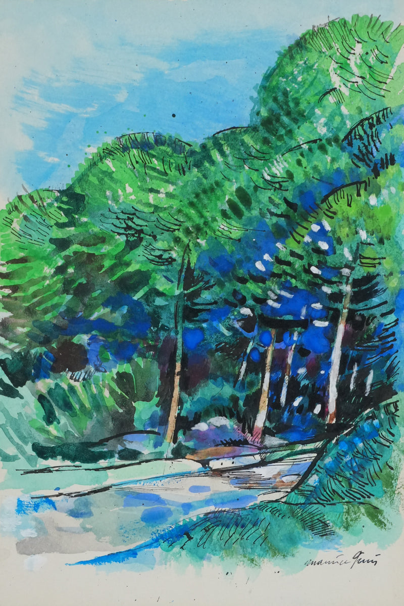 Maurice GENIS : Le chemin dans la forêt, Dessin original signé