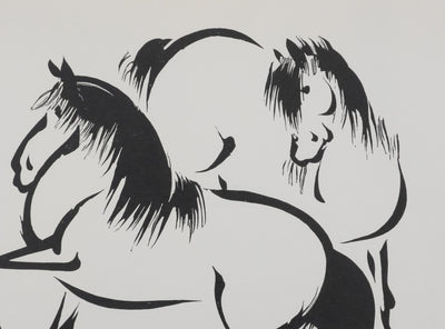 Mokuchu URUSHIBARA : Estampe japonaise, Deux chevaux paradant, Lithographie signée