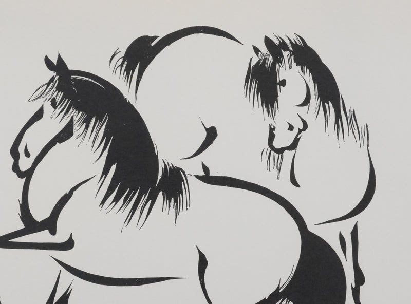 Mokuchu URUSHIBARA : Estampe japonaise, Deux chevaux paradant, Lithographie signée