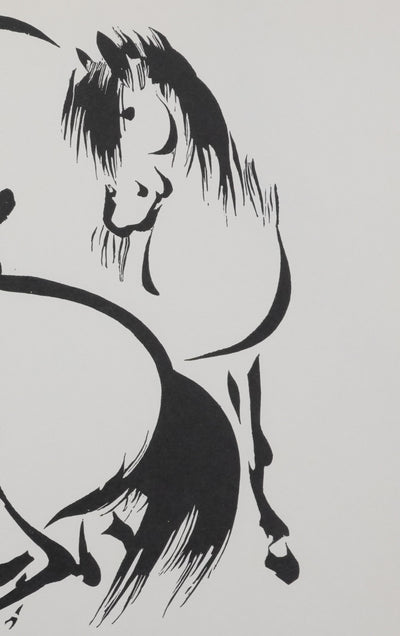 Mokuchu URUSHIBARA : Estampe japonaise, Deux chevaux paradant, Lithographie signée