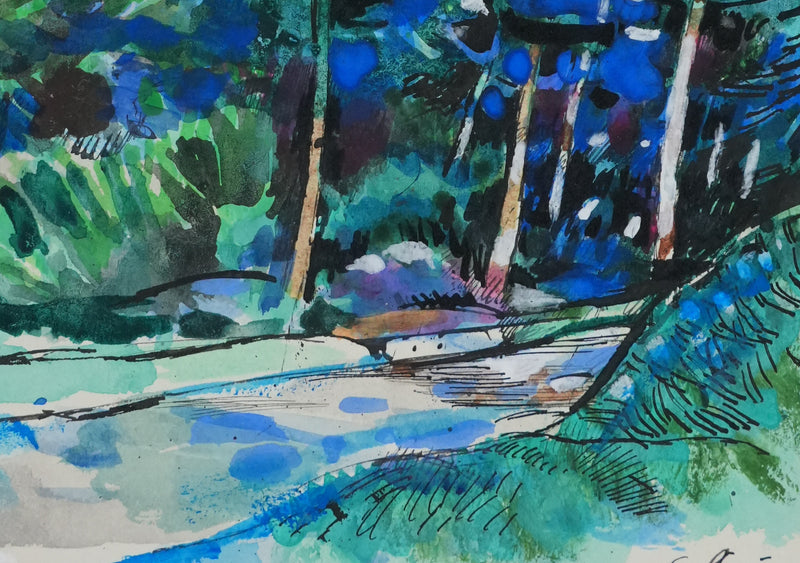 Maurice GENIS : Le chemin dans la forêt, Dessin original signé