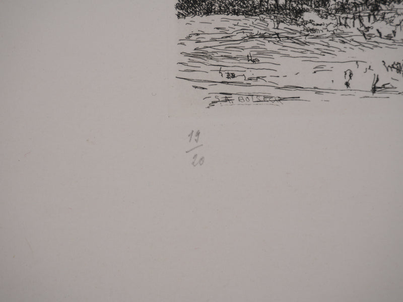 Salomon Alfred BOISECQ : Maisons sur la plage, Gravure originale signée